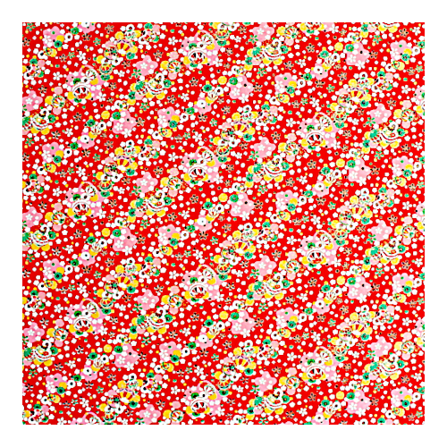 Grossformatiges rotes Japanpapier Washi mit feinem Punktemuster, traditionellen japanischen Temari-Bällen und bunten Blüten.